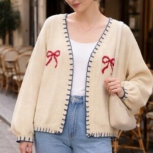 Isalis Womens Bow Cardigan Sweater XS Cream Open Front Coquette Girly Kawaii